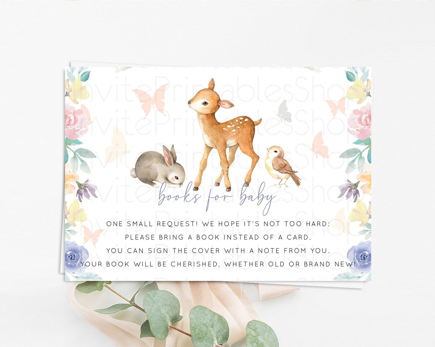 Fawn Books For Baby Card Deer Book Insert Floral Deer Book Card Enchanted Forest Butterfly Pastel Baby Shower Book Poem Request D10930