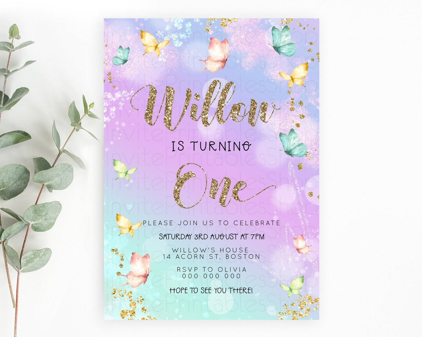 Pastel Butterfly Birthday Invitation Butterfly Birthday Invitation Colorful Splash Glitter Butterfly Garden 1st 2nd Birthday D23091