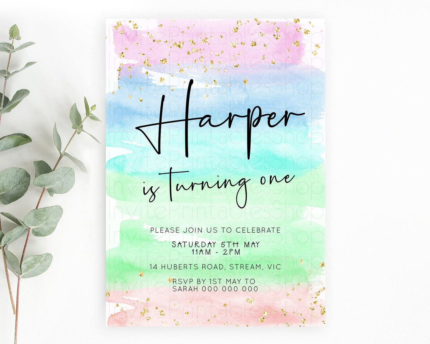 Pastel Birthday Invitation Ombre Watercolor Birthday Invitation Glitter Rainbow Color Splash 1st 2nd 3rd Birthday Invitation D23042