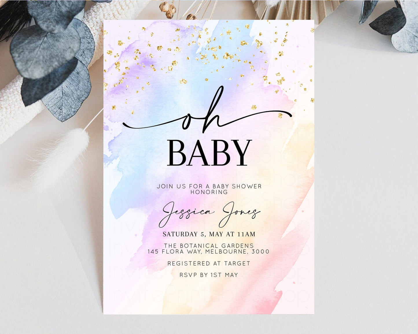 Rainbow Baby Shower Invitation Pastel Baby Shower Invitation Watercolor Ombre Invitation Rainbow Pastel Colors Invite Glitter Confetti t600