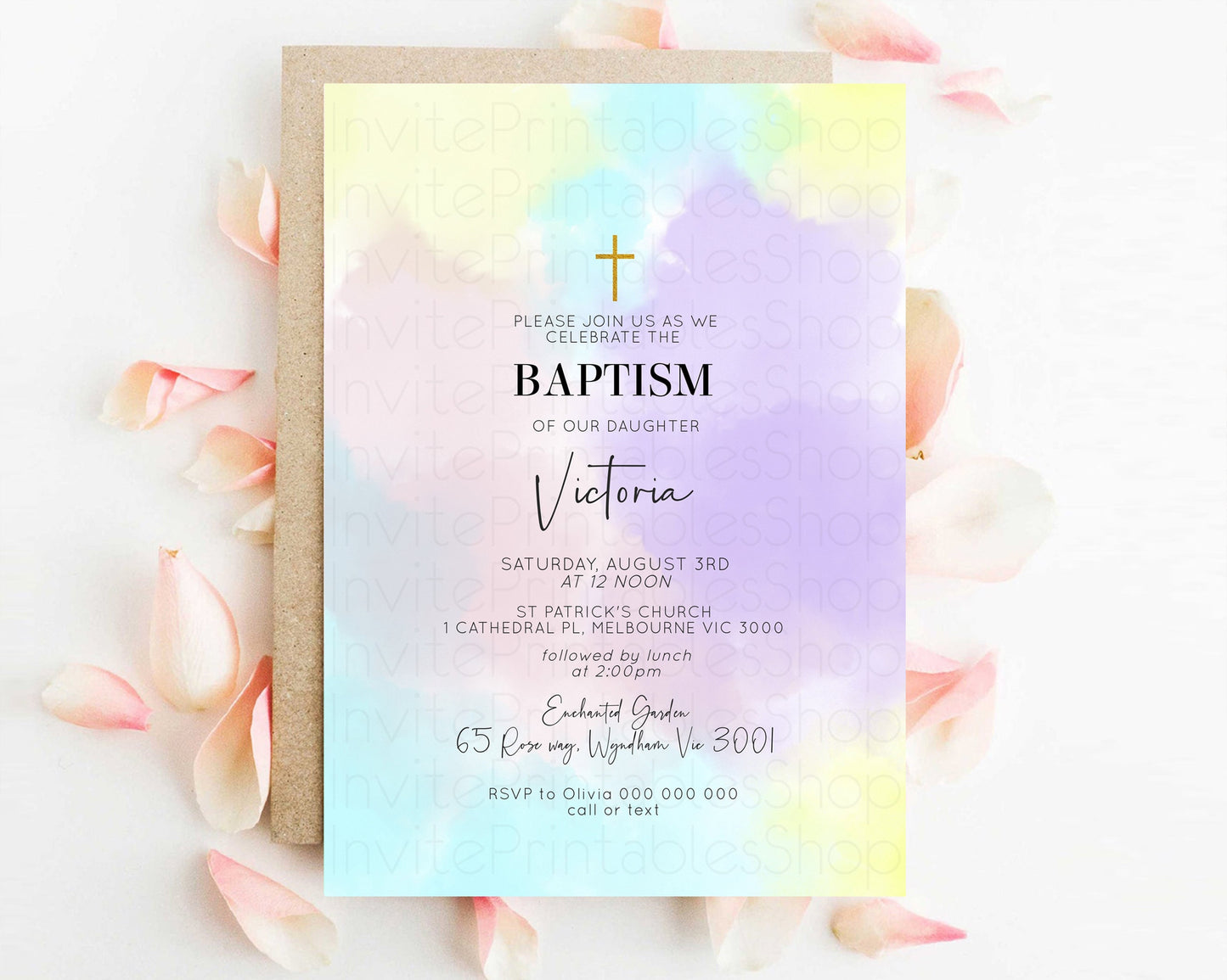 Pastel Baptism Invitation Rainbow Christening Invitation Holy Communion Invite Baptism 1st Birthday Sprinkles Ombre Watercolor Splash 595