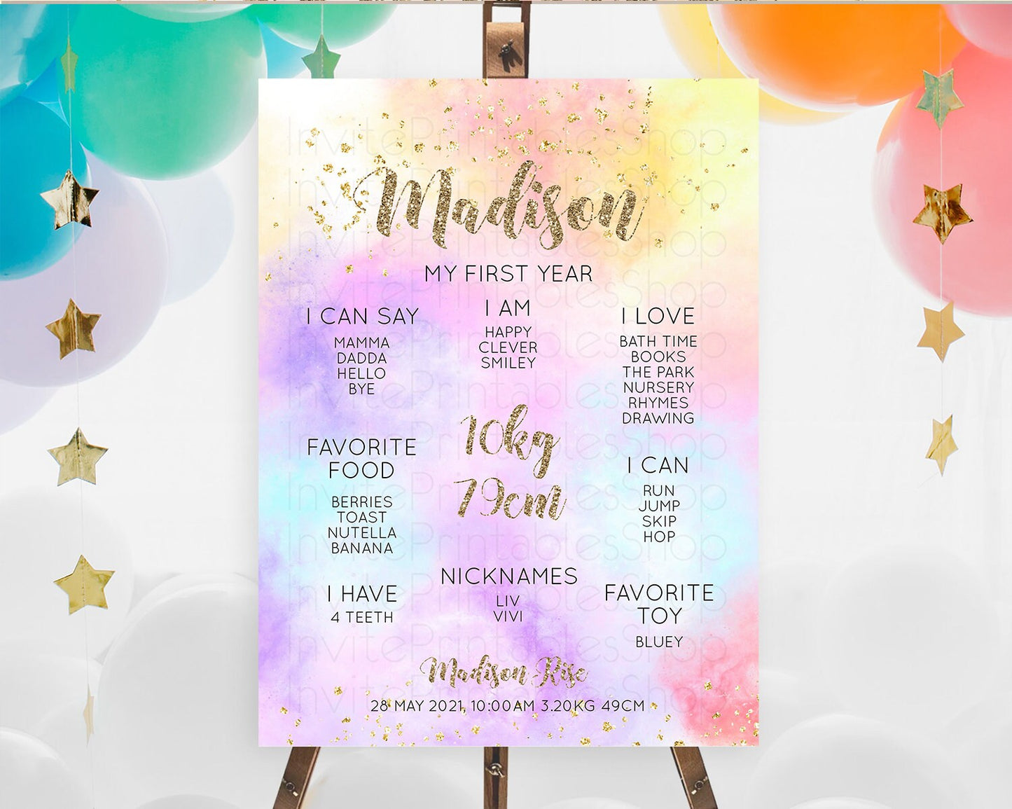Pastel First Birthday Milestone Board Pastel Rainbow Milestone Poster Colorful Confetti Watercolor Glitter 1st Birthday Welcome Sign D10435