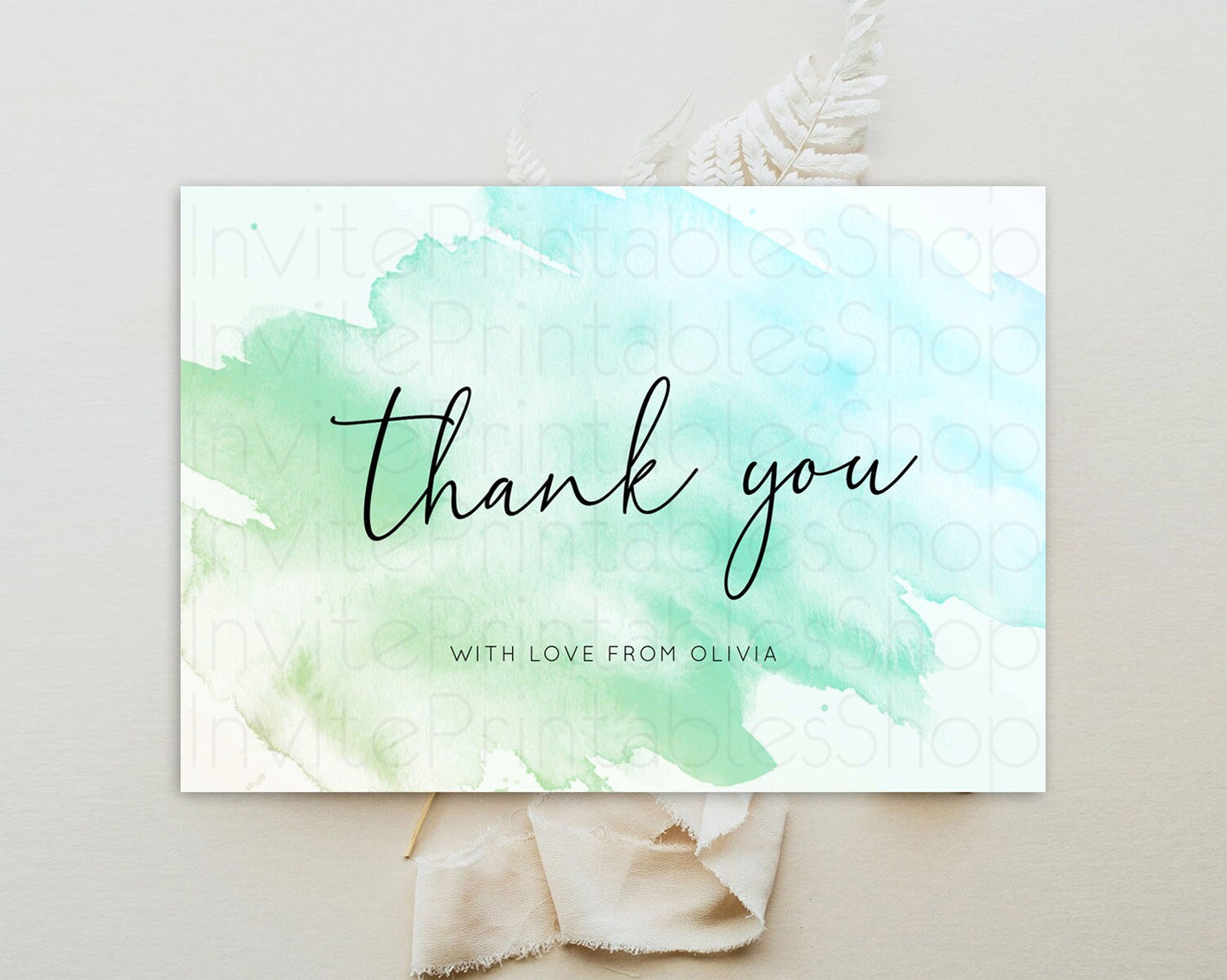 Green Thank You Green Watercolor Thank You Card Pastel Green Card Template Watercolor Splash Cards Teacher Thank You Card Template D10166