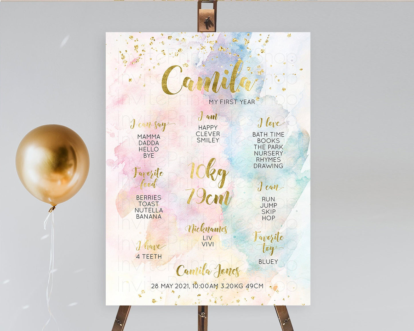 Pastel First Birthday Milestone Board Pastel Rainbow Milestone Poster Colorful Confetti Watercolor Glitter 1st Birthday Welcome Sign D10265