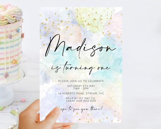 Editable Rainbow Birthday Invitation Colorful Pastel Watercolor Invitation G