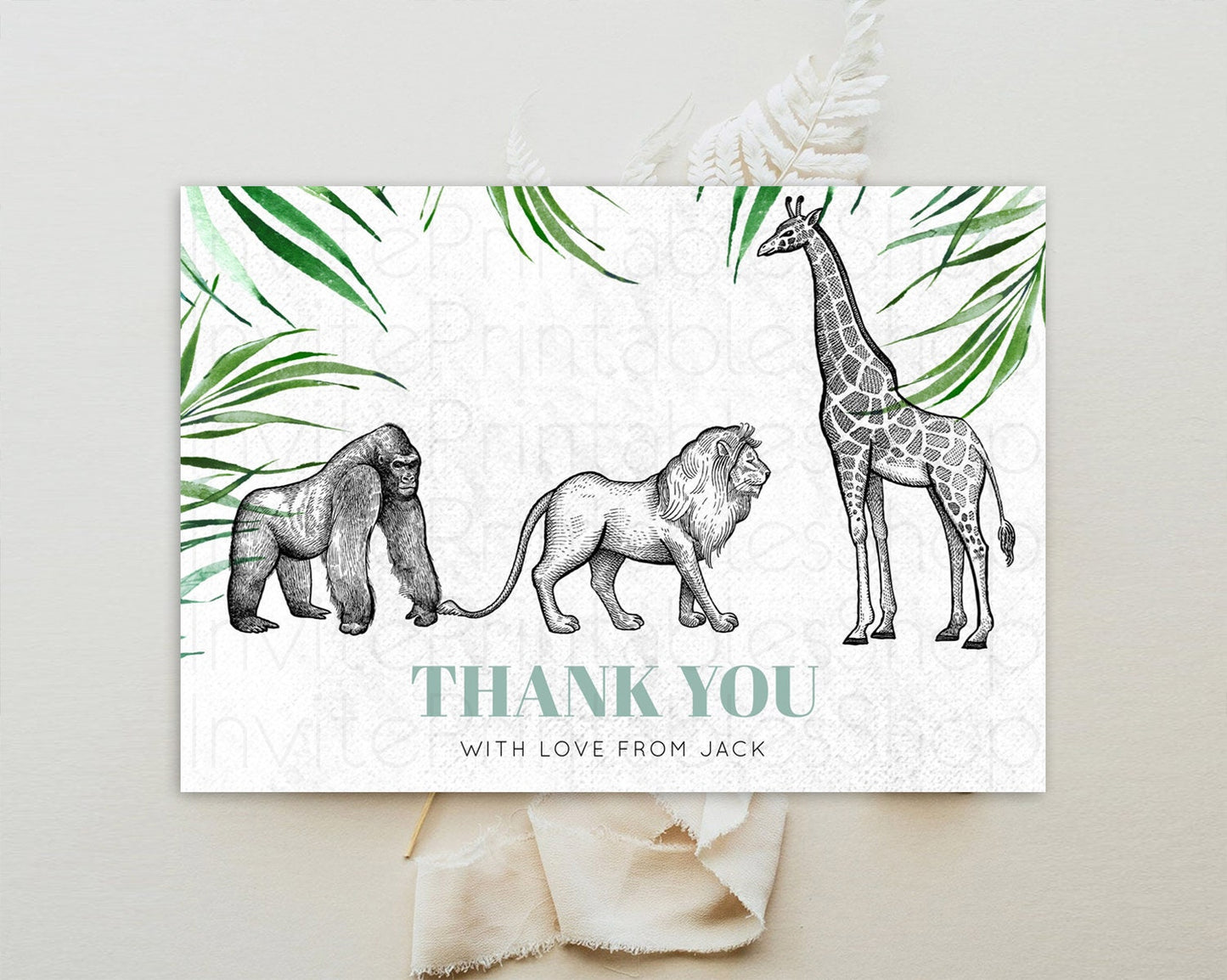 Safari Thank You Safari Thank You Cards Lion Gorilla Elephant Rhino Tropical Palm Zoo Birthday Thank You Safari Teacher Thank You D10853