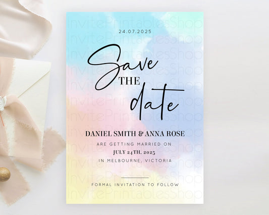 Editable Pastel Save The Date Template Pastel Ombre Rainbow Watercolor Color