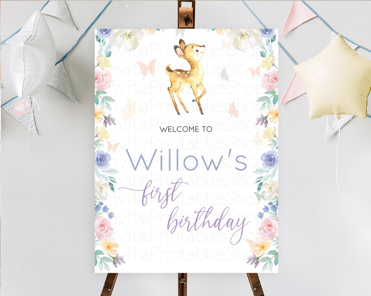 Fawn Welcome Sign Deer Welcome Board Floral Deer Welcome Poster Enchanted Forest Butterfly Pastel Floral First Birthday Welcome Sign D11001