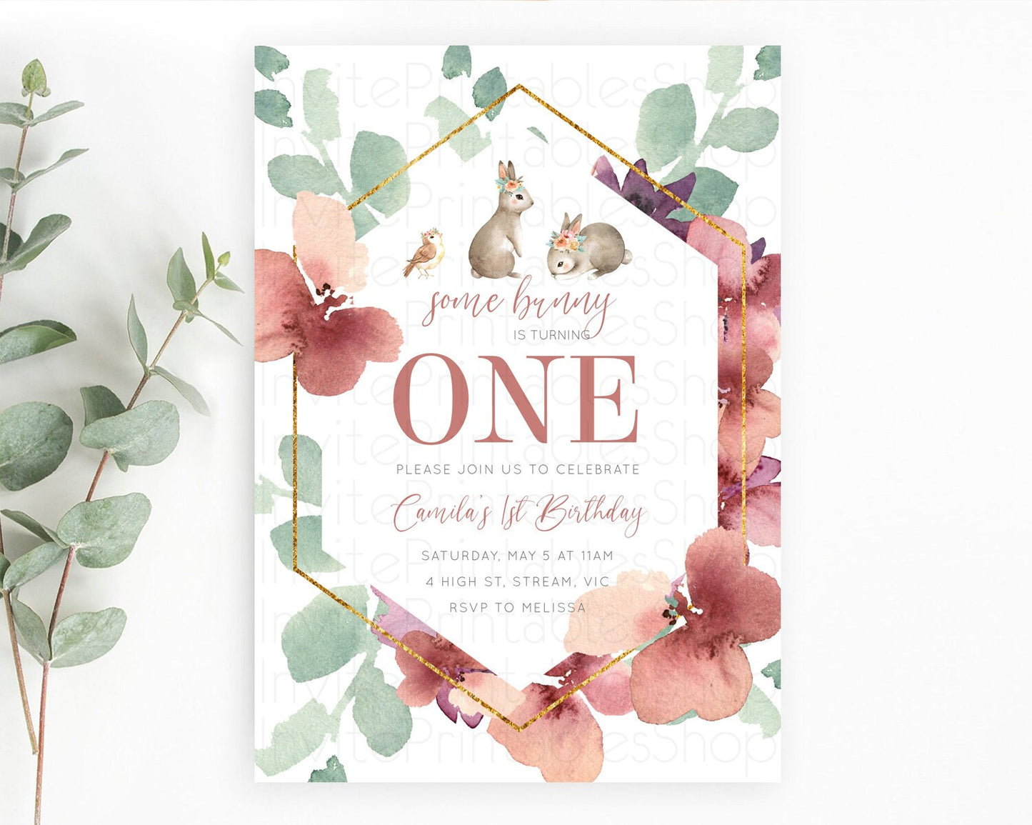 Bunny Birthday Invitation Floral Bunny Invitation Pastel Bunny Invites Pastel Watercolor Woodland Bunny Party 2nd 1st First Birthday D11033