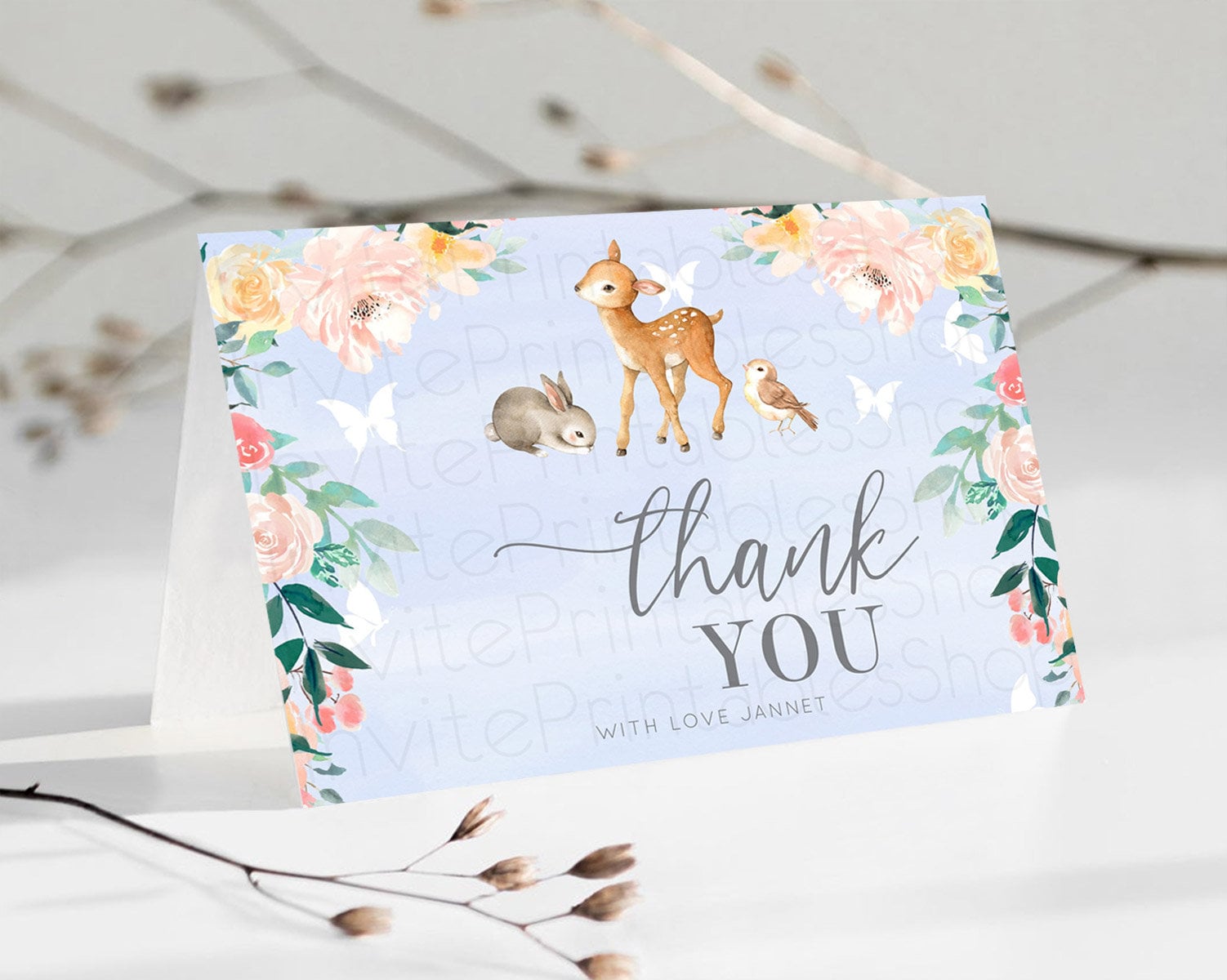 Editable Fawn Thank You Deer Thank You Card Pastel Floral Deer Birthday Than