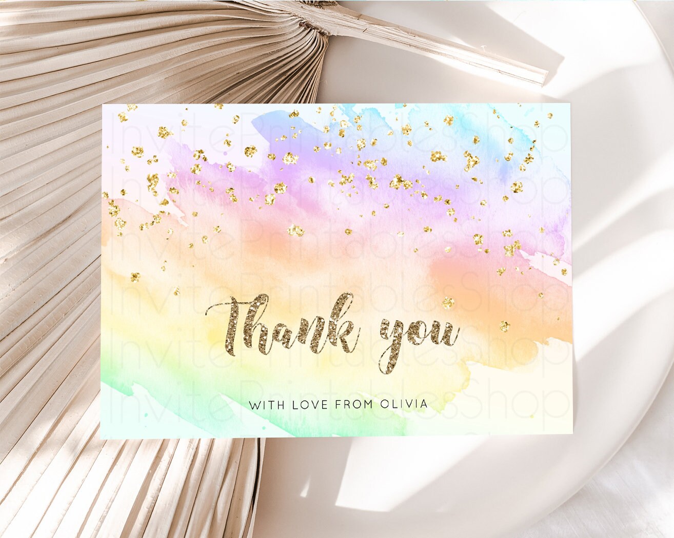 Pastel Rainbow Thank you Colorful Watercolor Gift Cards Splash Gold Glitter Card Birthday Engaged Baby Shower Wedding Folded/ Postcard g602