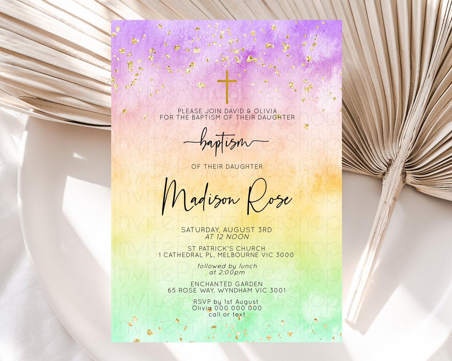 Pastel Baptism Invitation Pastel Colors Watercolor Baptism 1st Birthday Party Gold Ombre Pastel Rainbow Christening Holy Communion D10514