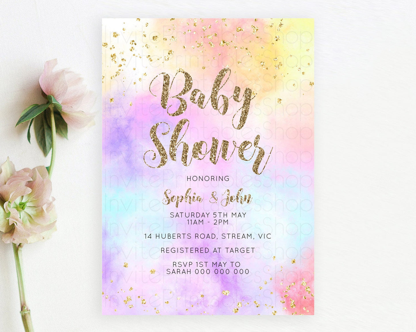 Pastel Rainbow Baby Shower Invitation, Watercolor Splash, Confetti Sprinkles, Colorful Ombre - Blue, Yellow, Purple, Orange, Glitter D10435