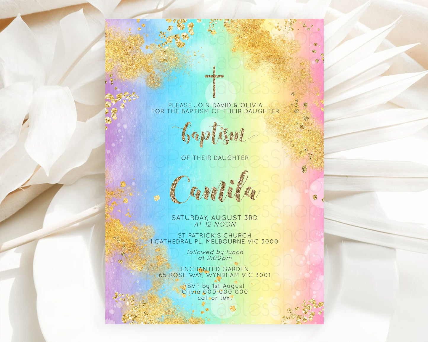 Pastel Baptism Invitation Pastel Colors Watercolor Baptism 1st Birthday Party Gold Ombre Pastel Rainbow Christening Holy Communion D10561