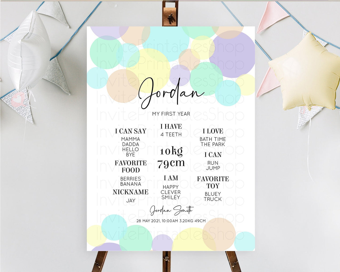 Pastel First Birthday Milestone Poster Pastel Rainbow Confetti First Birthday Milestone Board Colorful Bubbles Birthday Welcome Sign D10414