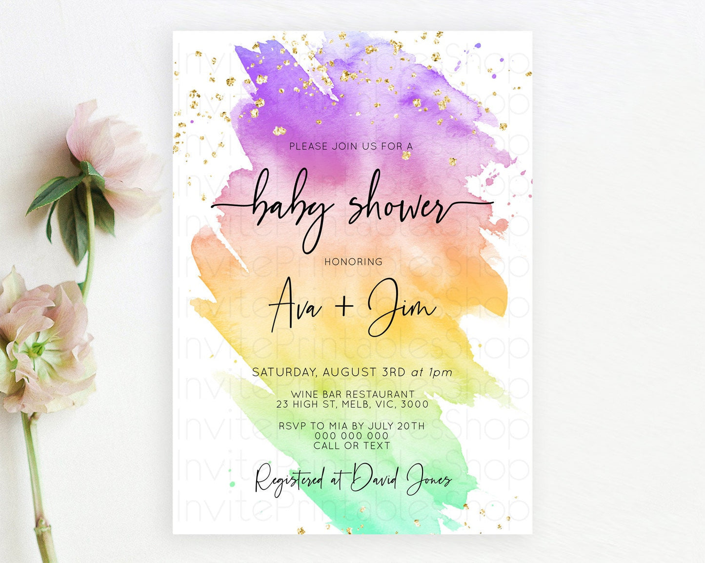 Pastel Baby Shower Invitation Rainbow Baby Shower Invitation Colorful Pastel Watercolor Invitation Gold Glitter Sprinkles Ombre D10518