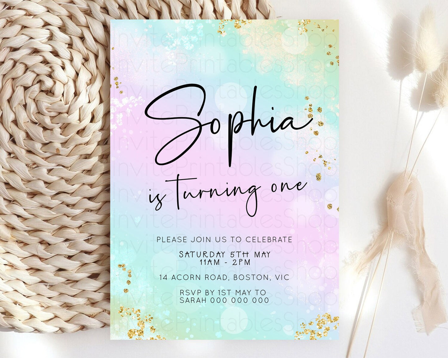 Pastel Birthday Invitation Ombre Watercolor Birthday Invitation Glitter Rainbow Color Splash 1st 2nd 3rd Birthday Invitation D23108