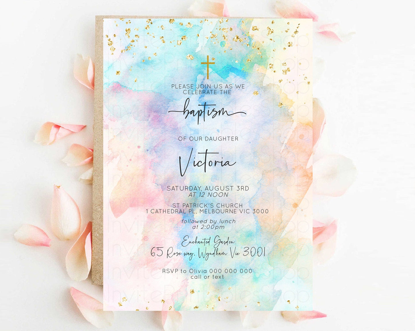 Rainbow Baptism invitation Pastel Rainbow Christening Invite Ombre Watercolor Invite Gold Glitter Sprinkle Splash Cross Religious 276v3