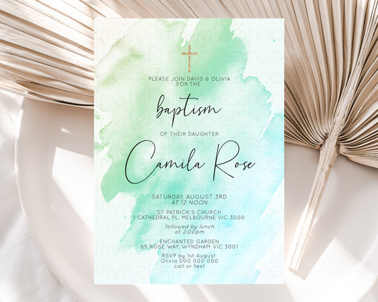 Pastel Baptism Invitation Rainbow Christening Invitation Holy Communion Invite Baptism 1st Birthday Sprinkles Ombre Watercolor Splash