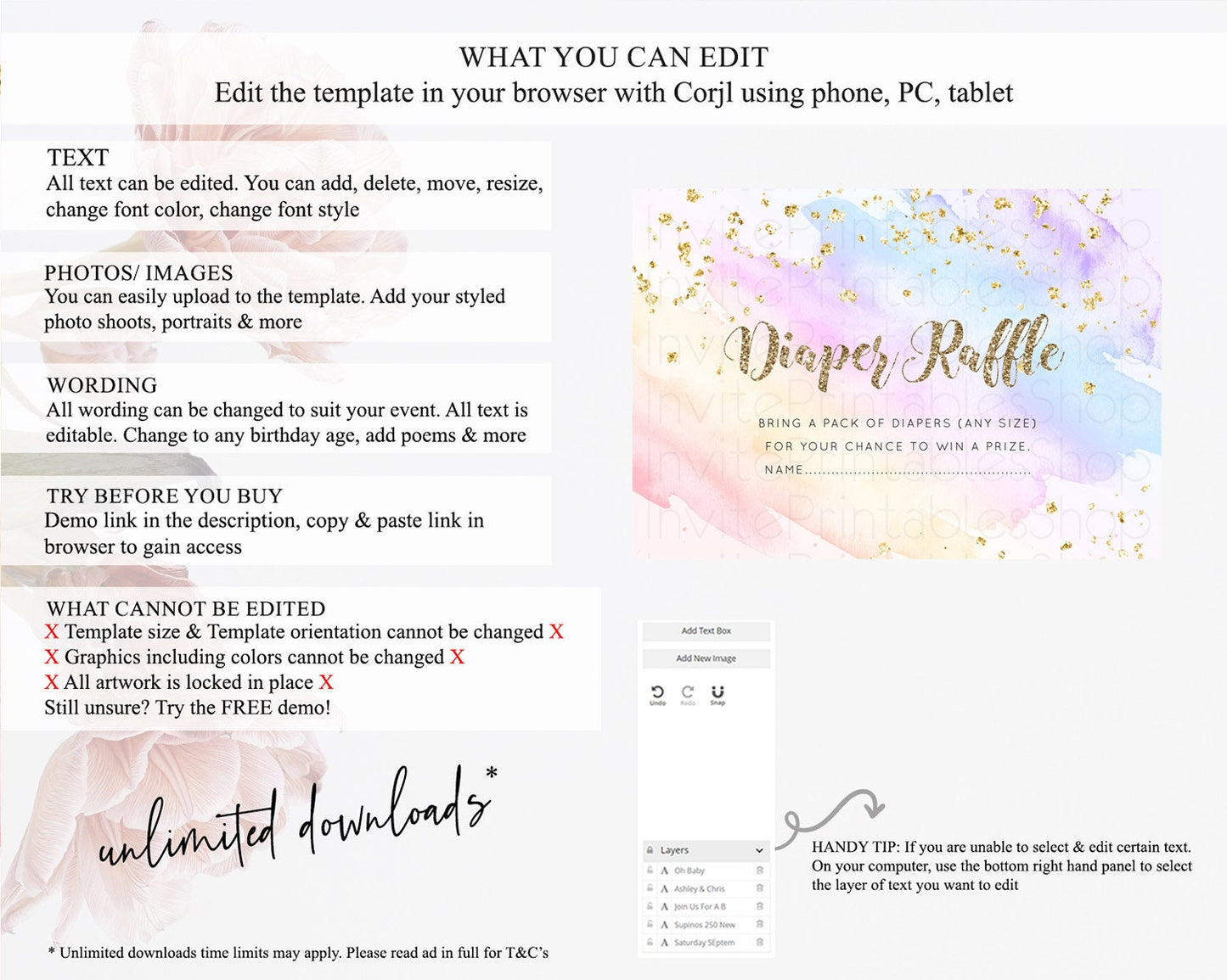 Pastel Diaper Raffle Card Pastel Rainbow Diaper Raffle Insert Colorful Ombre Watercolor Diaper Ticket Confetti Glitter Raffle Game D10633