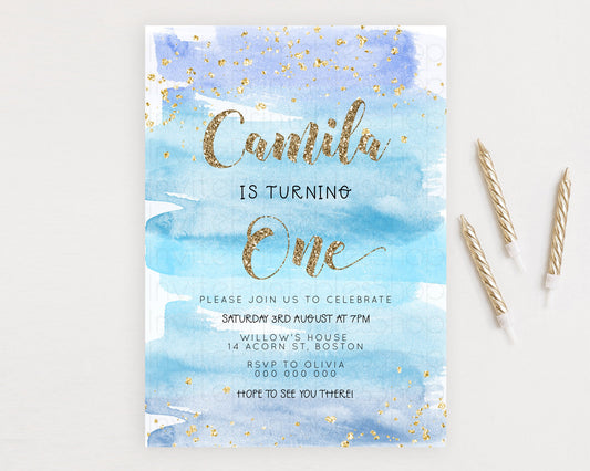 Blue Birthday Invitation Blue Watercolor Invitation Pastel Blue Watercolor Invitation Blue Splash Gold Invitation 1st First Birthday D23277