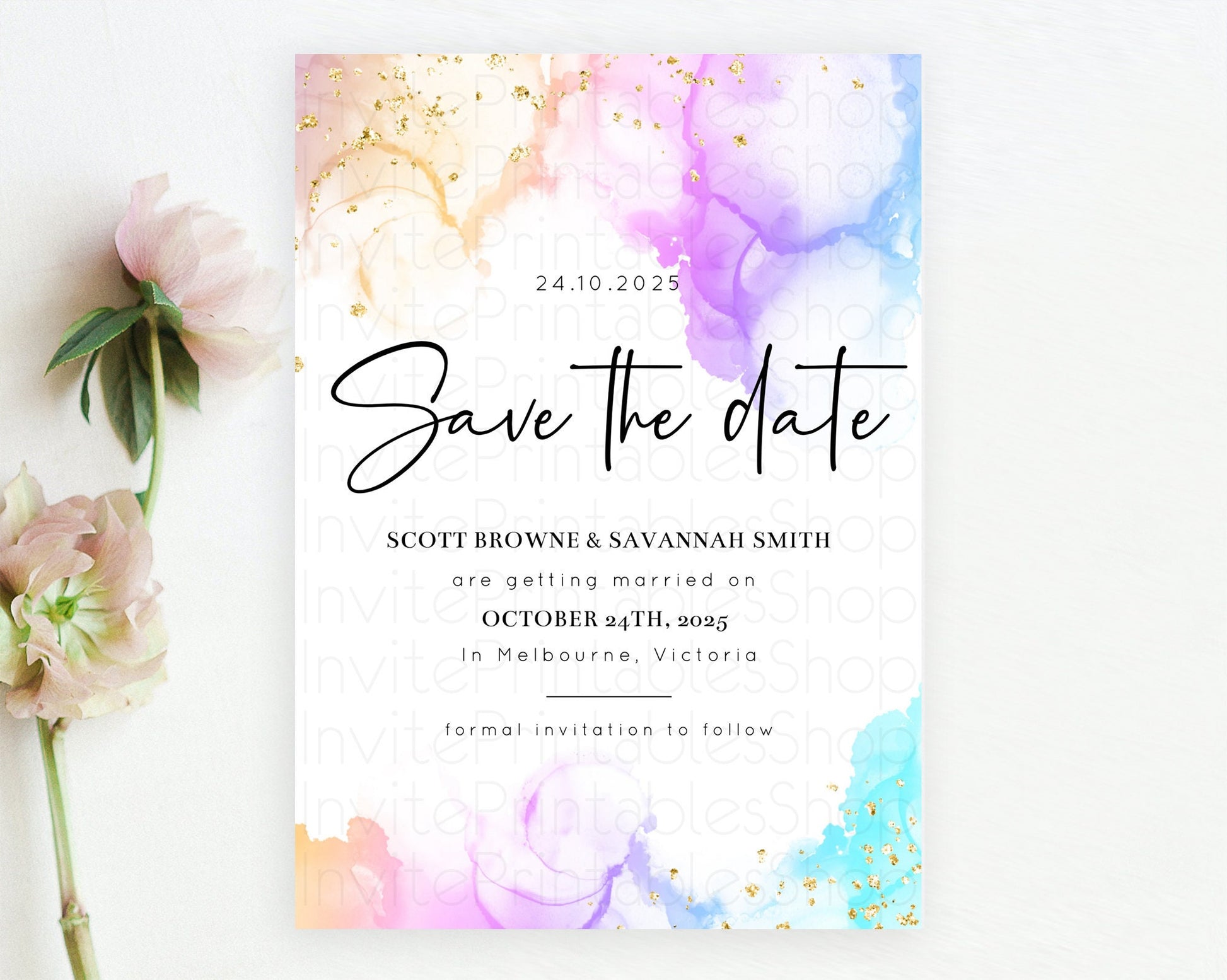 Editable Pastel Save The Date Template Pastel Ombre Rainbow Watercolor Color