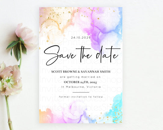 Editable Pastel Save The Date Template Pastel Ombre Rainbow Watercolor Color