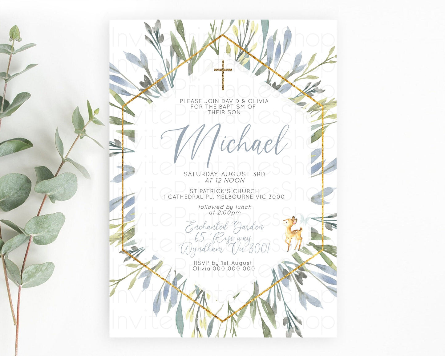 Fawn Baptism Invitation Deer Baptism 1st Birthday Invitation Enchanted Forest Christening Invitation Pastel Garden Butterfly Floral D10400