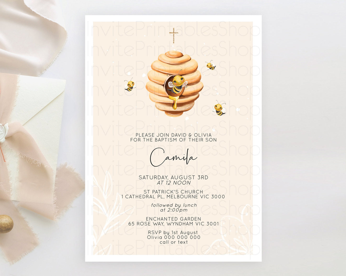 Bee Baptism Invitation Bee Baptism 1st Birthday Invitation Bee Day Beehive Christening Invitation Sweet Honey Bee Party Yellow D10754