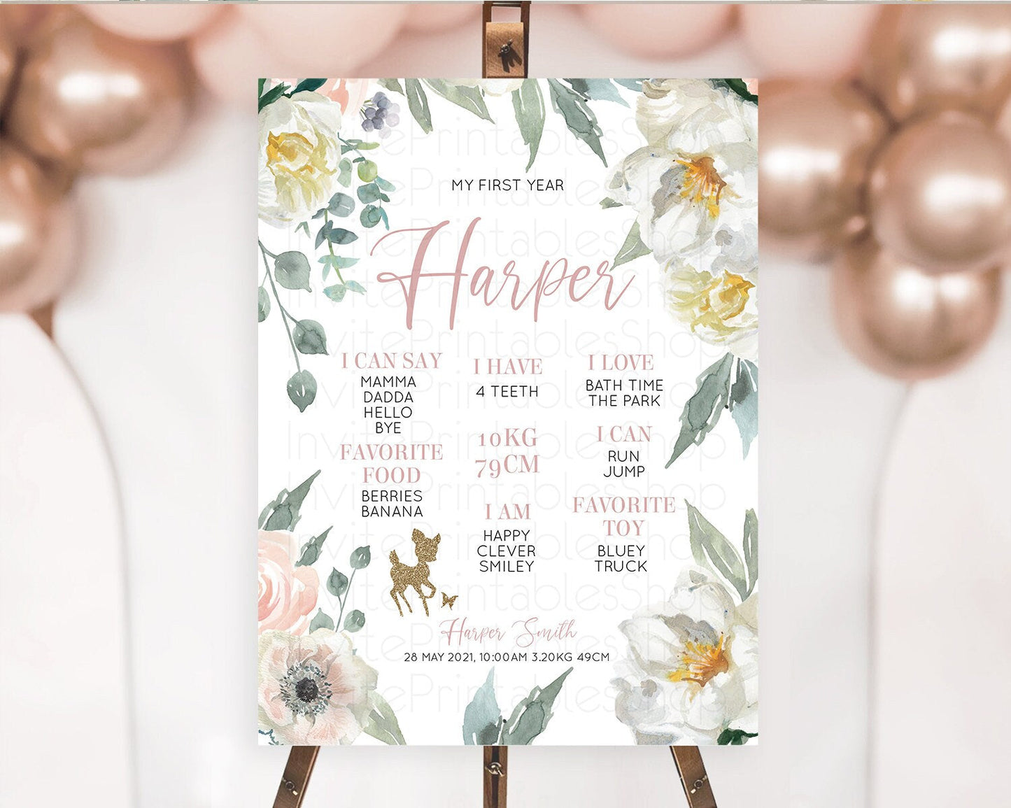 Fawn First Birthday Milestone Board Deer First Birthday Milestone Poster Enchanted Forest Butterfly Pastel Flowers 1st Birthday Sign D10120