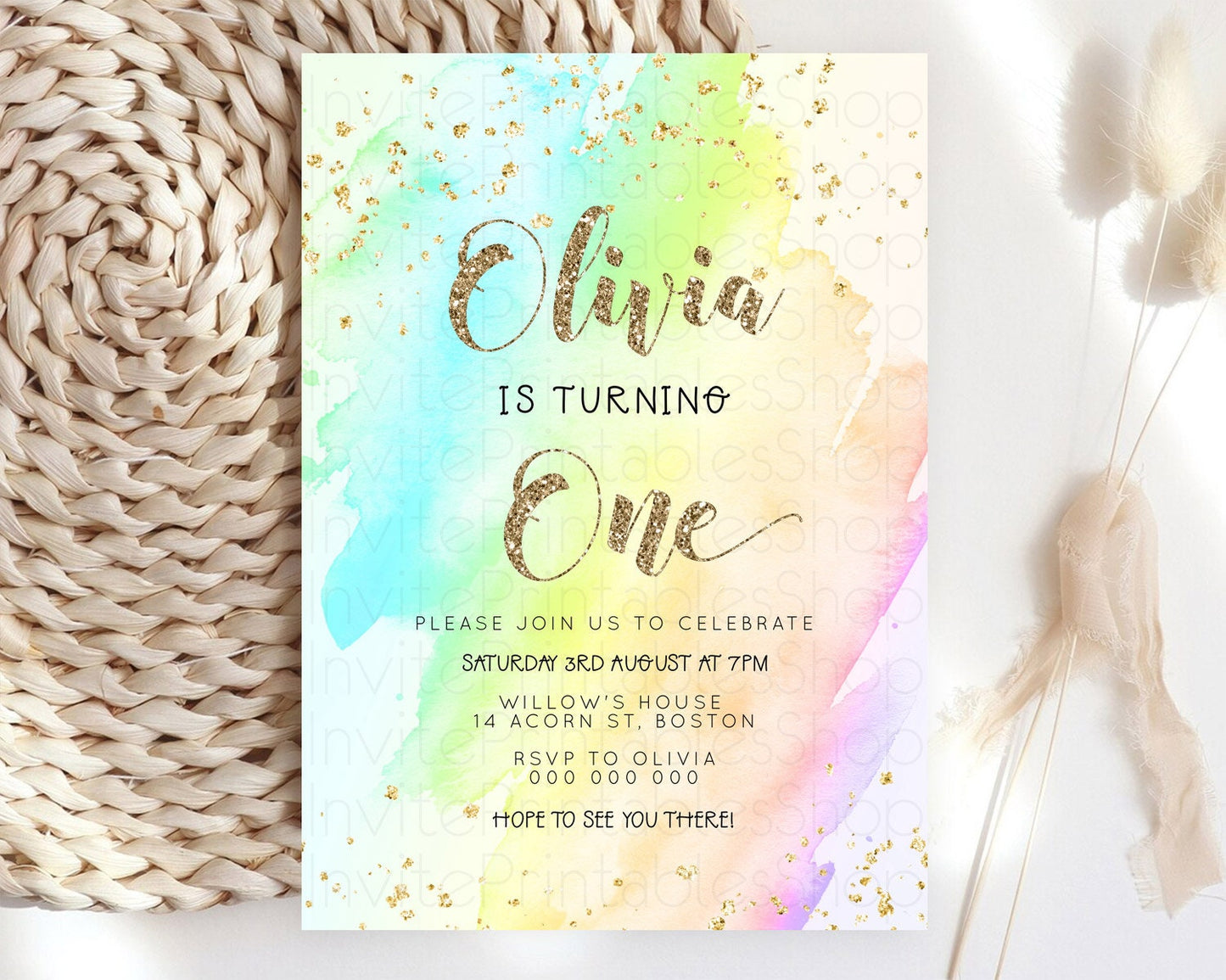 Rainbow Birthday Invitation Colorful Pastel Watercolor Invitation Gold Glitter Sprinkles Ombre Pastel 1st 2nd 3rd Birthday D23282