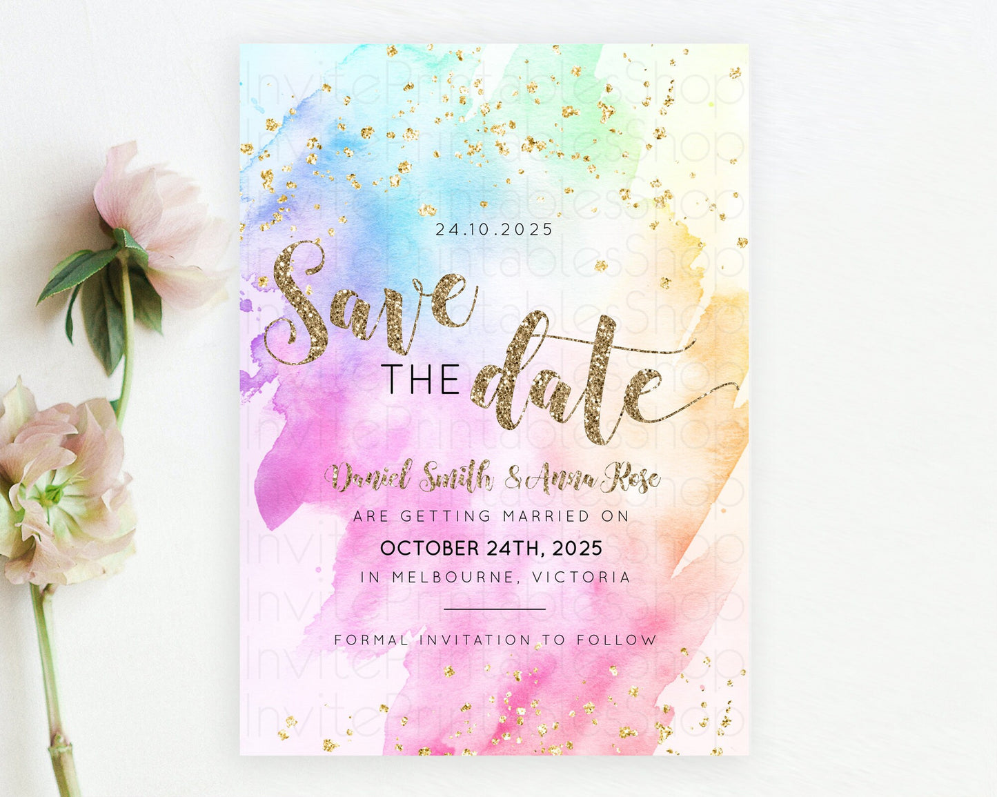 Pastel Save The Date Template Pastel Ombre Rainbow Watercolor Colorful Party For Birthday Baptism Baby Shower Wedding Bridal Shower D10450