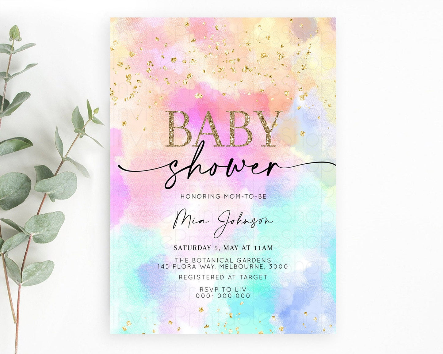 Pastel Baby Shower Invitation Rainbow Baby Shower Invitation Colorful Pastel Watercolor Invitation Gold Glitter Sprinkles Ombre D10667