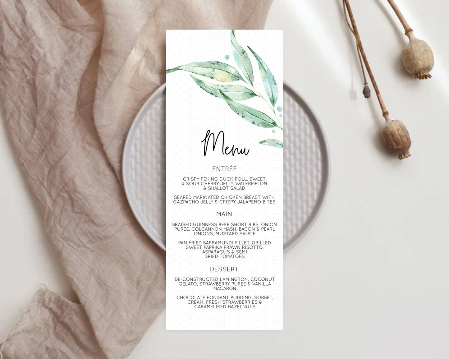 Leafy Menu Green Leaf Menu Template Eucalyptus Fern Leaves Decor Watercolor Boho Garden Leaf Branch Dinner Dessert Party Food Menu D11014