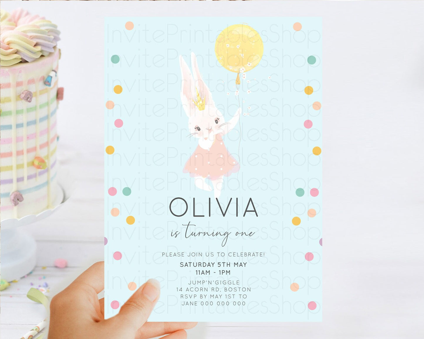 Bunny Birthday Invitation Pastel Bunny Invitation Bunny Balloon Invites Pastel Confetti Balloon Bunny Invites 2nd 1st First Birthday 199v3