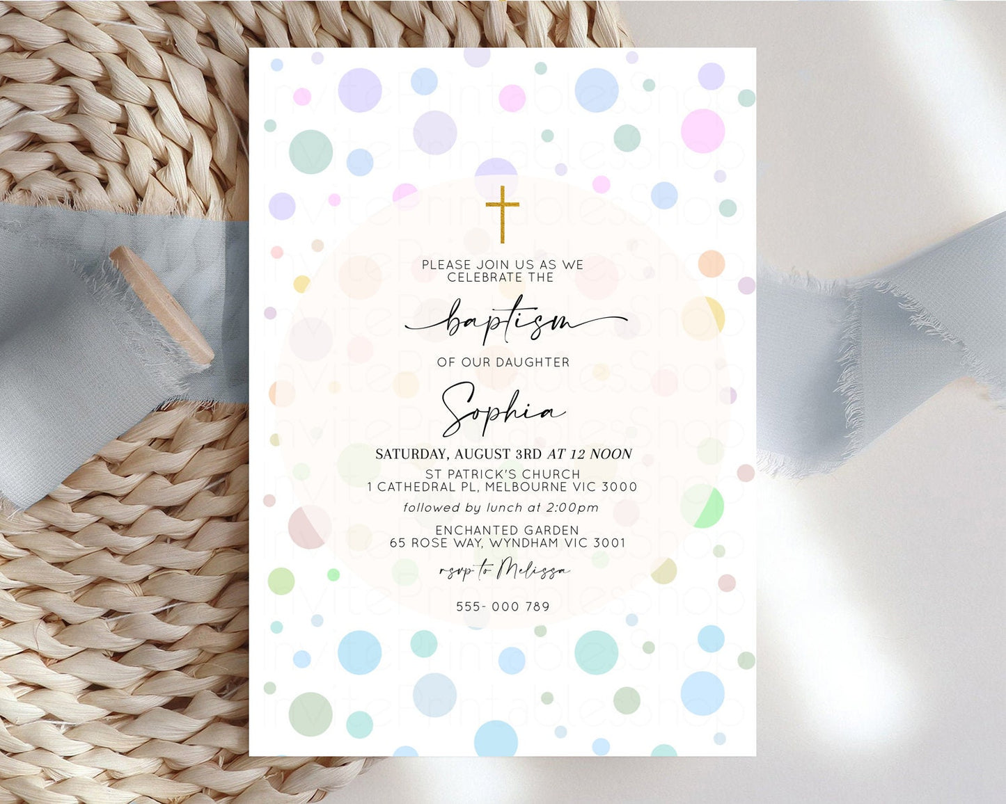 Pastel Baptism Invitation Pastel Christening Invitation Rainbow Confetti Invite Pastel Bubbles Invite Balloons Multi Colors Gold Cross 12