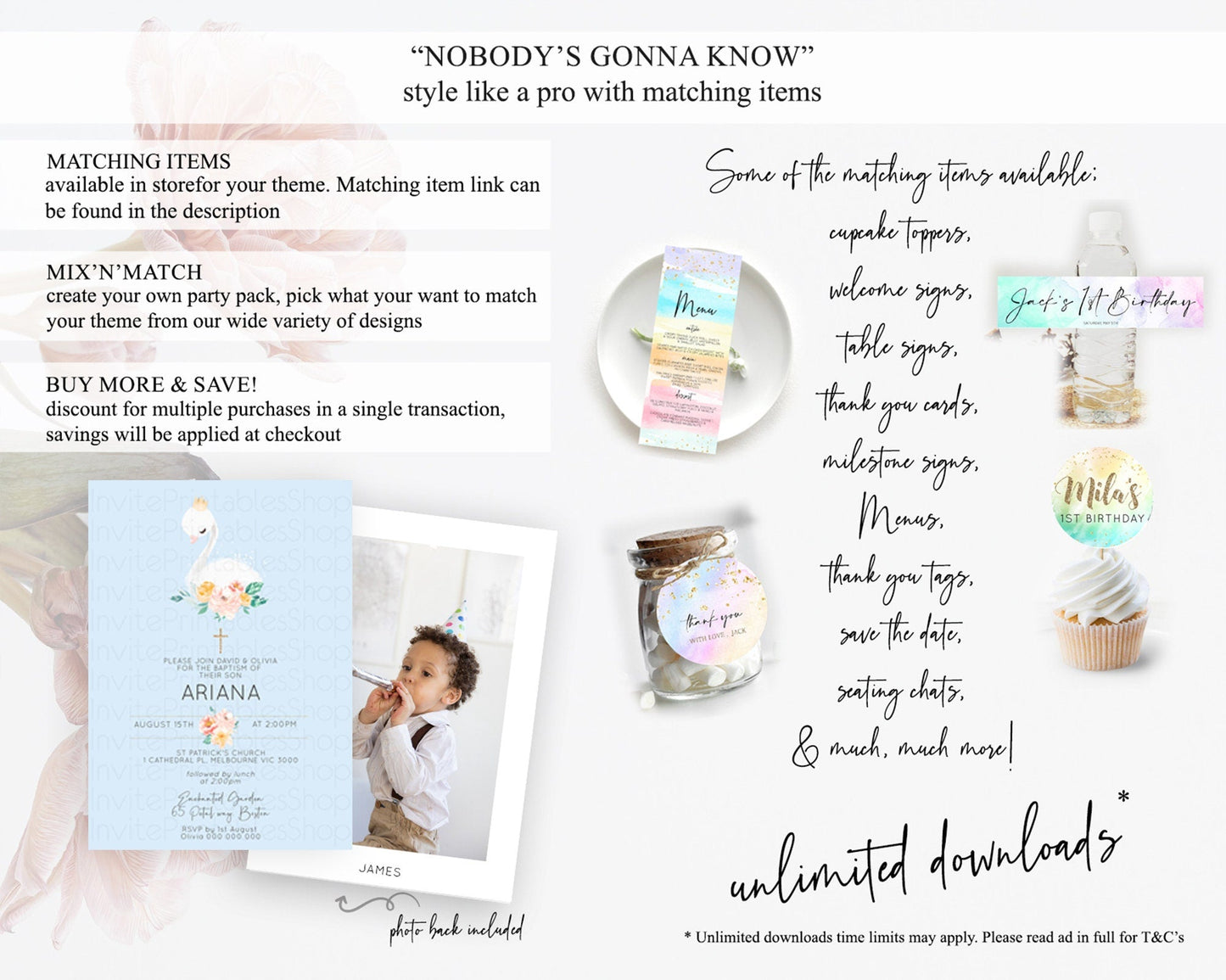 Swan Lake Baptism Invitation Swan Princess Ballet Baptism 1st Birthday Enchanted Forest Secret Garden Watercolour Pastel Floral D10903