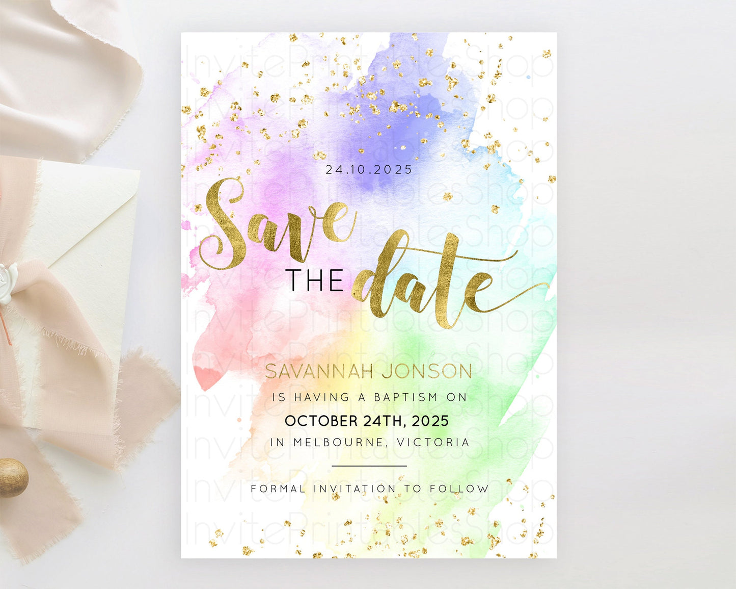 Pastel Save The Date Template Pastel Ombre Rainbow Watercolor Colorful Party For Birthday Baptism Baby Shower Wedding Bridal Shower D10876