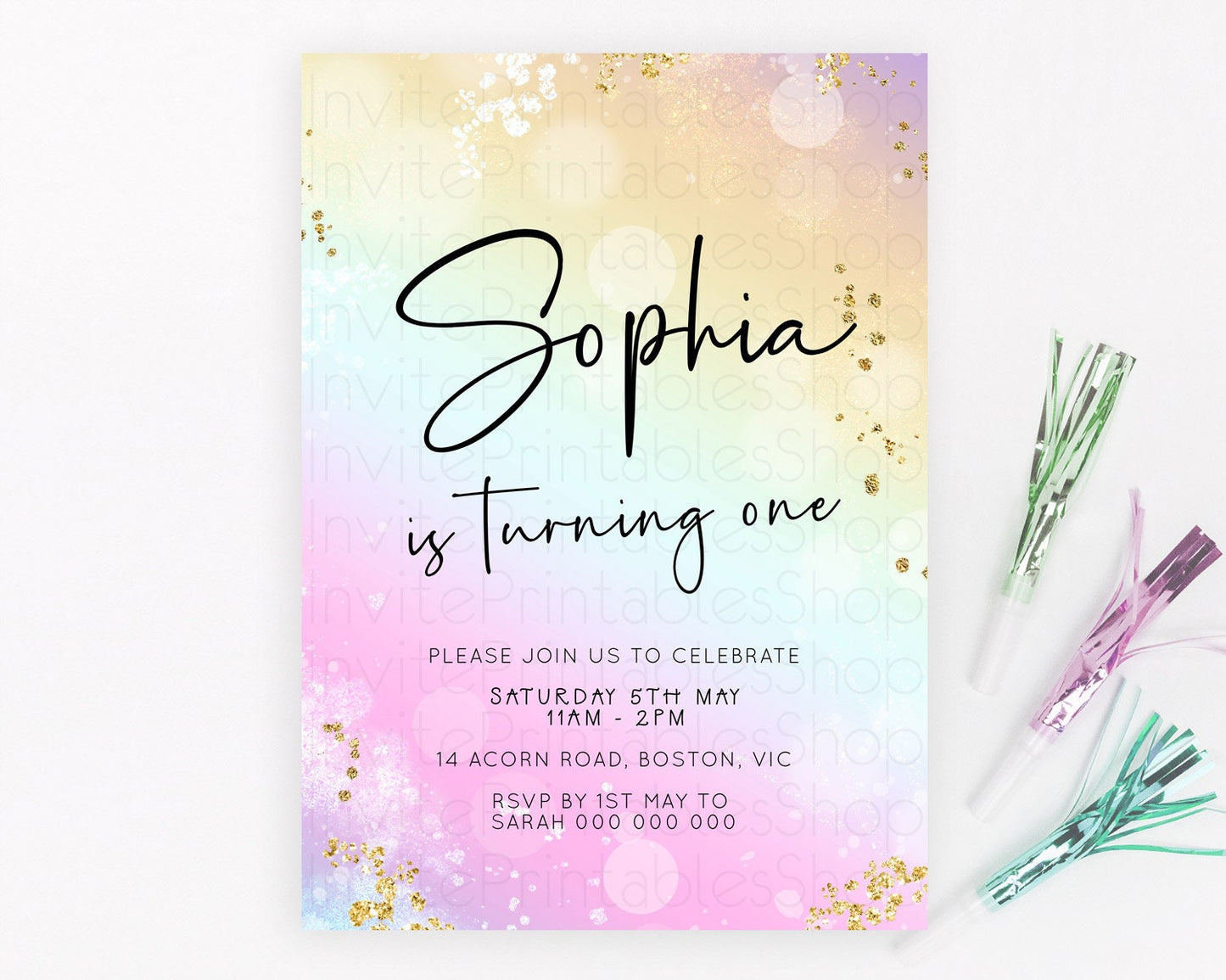 Pastel Birthday Invitation Ombre Watercolor Birthday Invitation Glitter Rainbow Color Splash 1st 2nd 3rd Birthday Invitation D23102