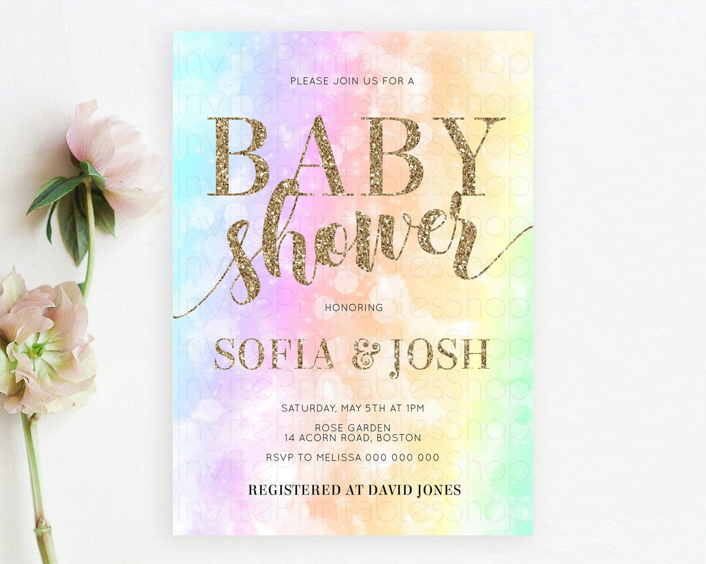 Pastel Rainbow Baby Shower Invitation, Colorful Watercolor, Gold Glitter Sprinkles - Teal, Pink, Purple, Orange, Yellow, Green Ombre D10648