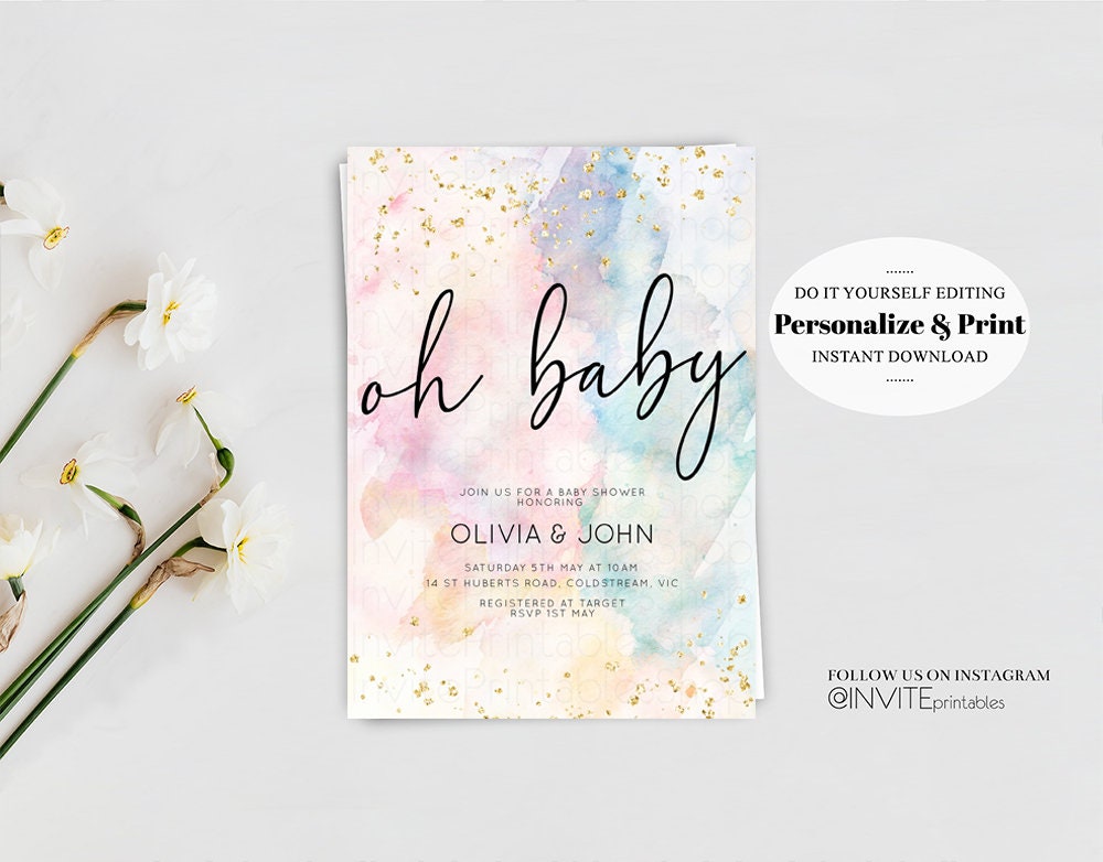 Rainbow Baby Shower Invitation Pastel Watercolor Invitation Colorful Splash Gold Splatter Glitter Foil Sprinkles Confetti Editable