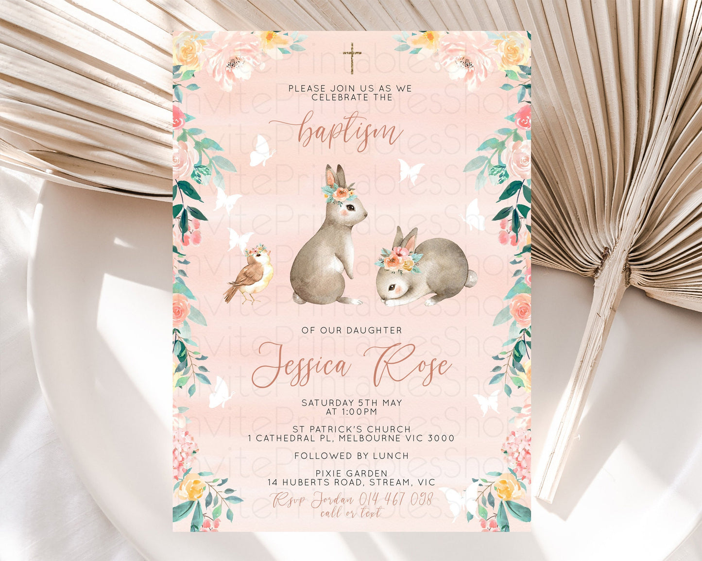 Bunny Baptism Invitation Floral Bunny Baptism 1st Birthday Invitation Pastel Bunny Christening Invite Watercolor Forest Bunny Party  D10922