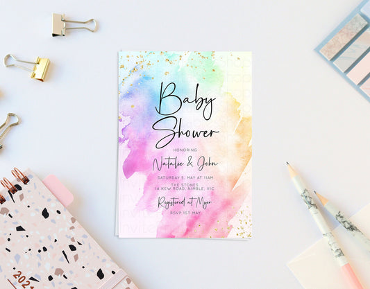 Rainbow Baby Shower Invitation Ombre Pastel Invitation Colorful Watercolor Splash Invite Gold Glitter Sprinkles Invite Blue Green Pink 504