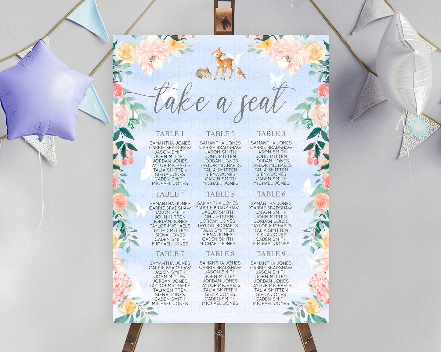 Fawn Seating Chart Deer Seating Chart Enchanted Forest Party Butterfly Pastel Flowers Whimsical Seating Chart Woodland Seating Sign D10920