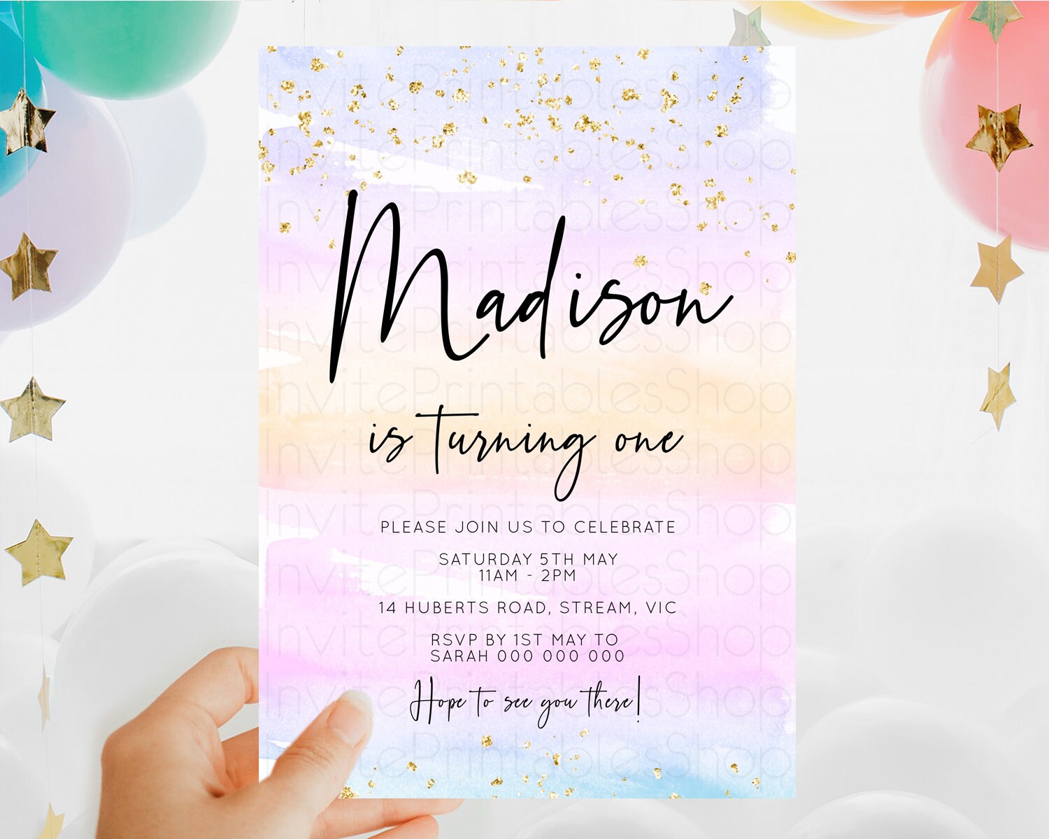 Editable Rainbow Birthday Invitation Colorful Pastel Watercolor Invitation G