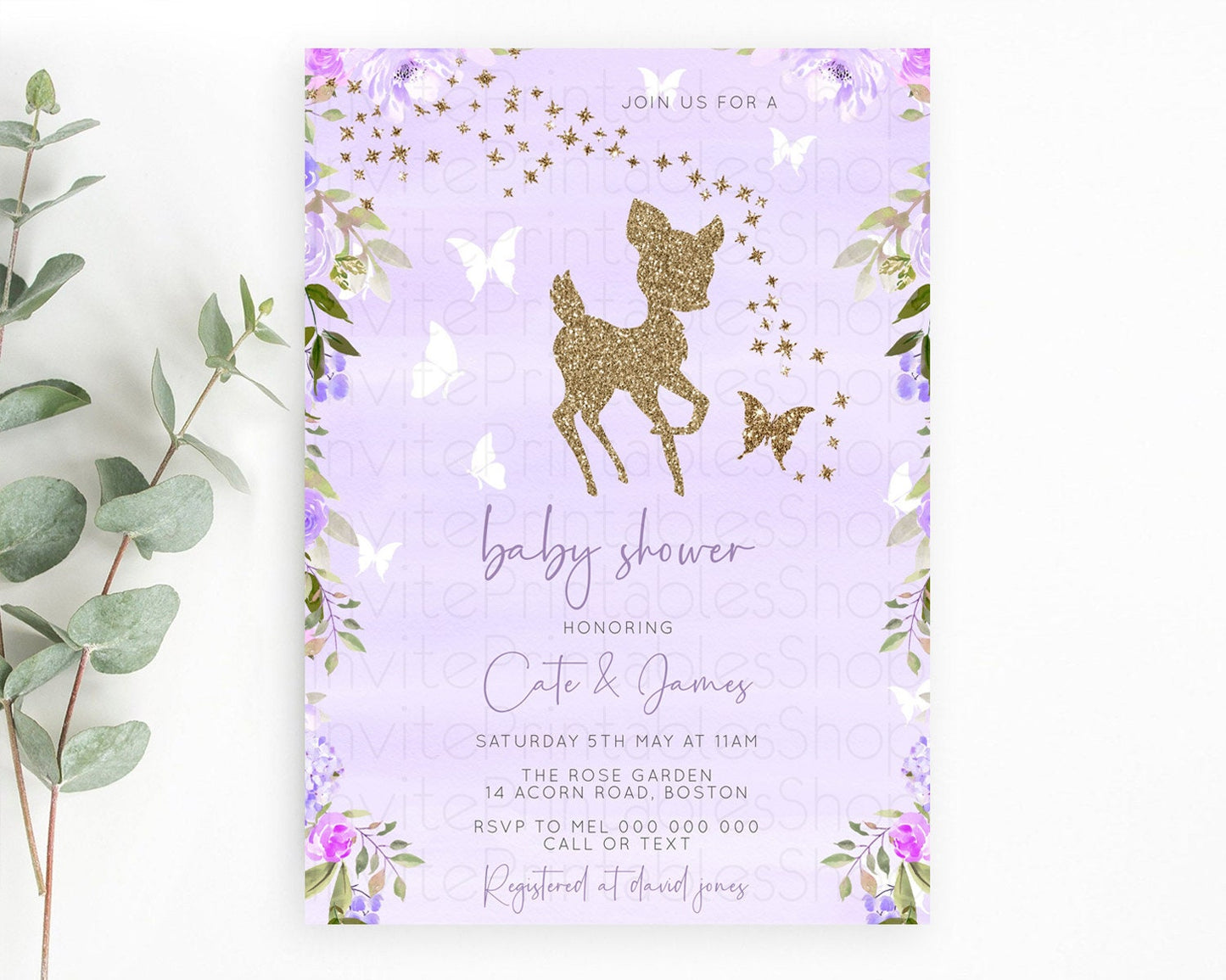Fawn Baby Shower Invitation Deer Baby Shower Invites Enchanted Forest Theme Butterfly Pastel Flowers Whimsical Baby Shower D10963