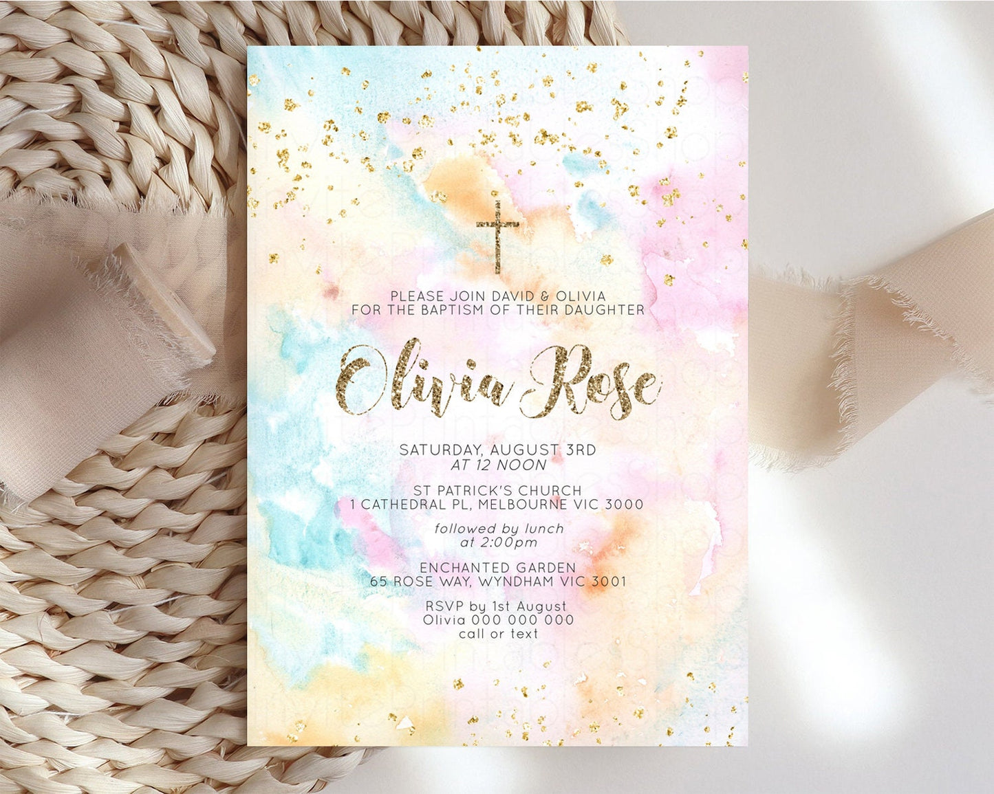 Rainbow Baptism invitation Pastel Rainbow Christening Invite Ombre Watercolor Invite Gold Glitter Sprinkle Splash Gold Cross Invite G566