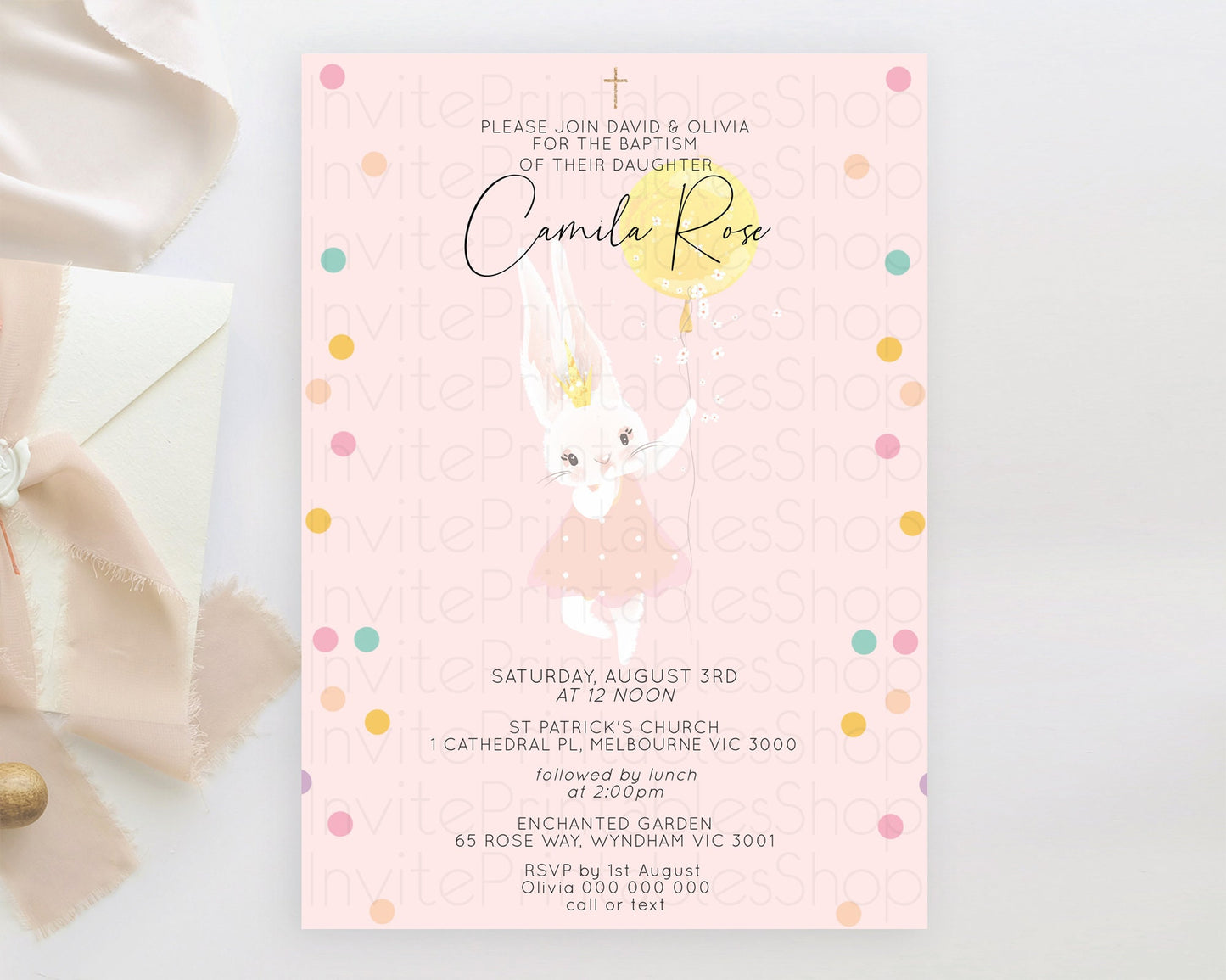 Bunny Baptism Invitation Pastel Bunny Baptism 1st Birthday Invitation Bunny Balloon Christening Invite Pastel Confetti Balloon Bunny D10219