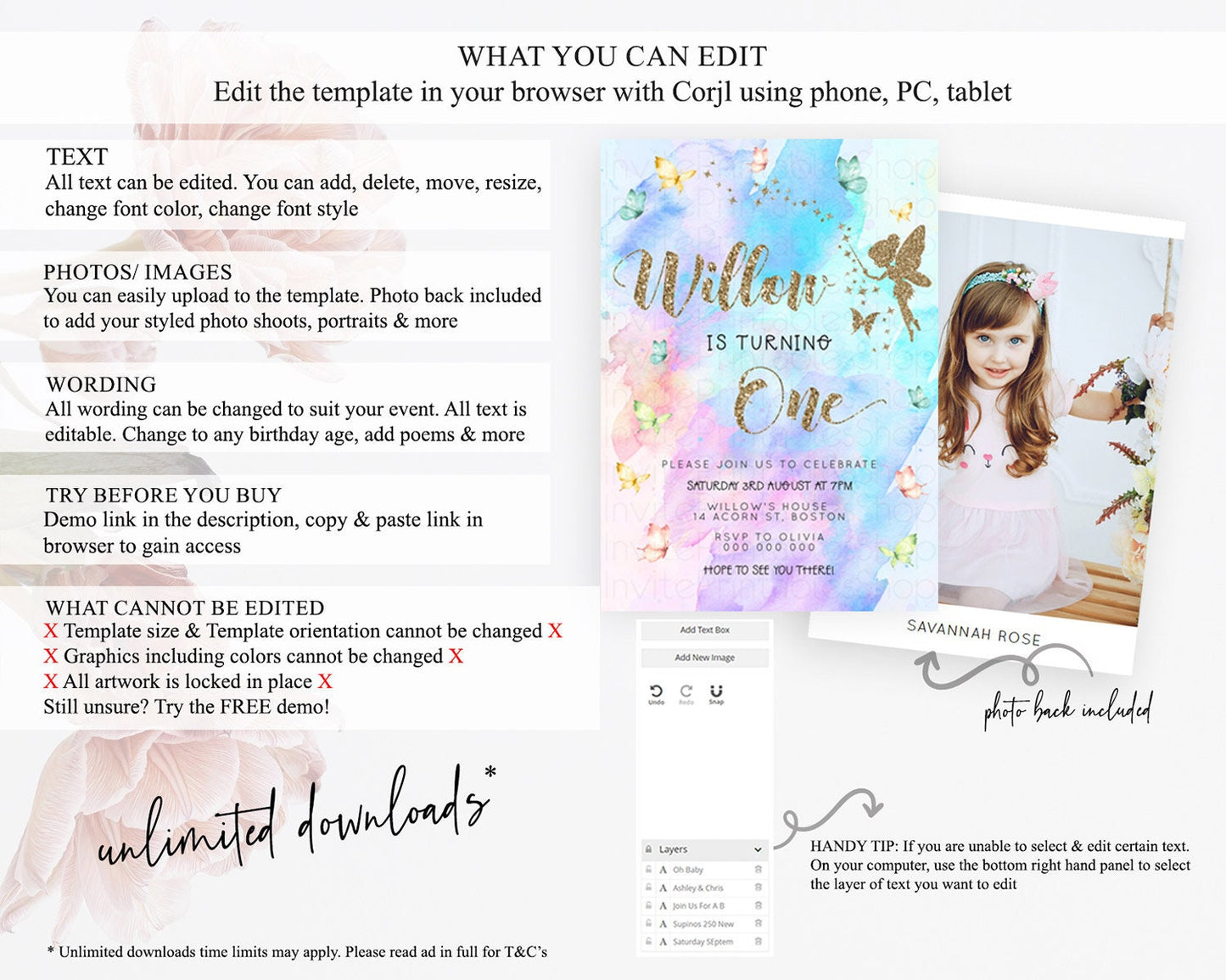 Pastel Fairy Birthday Invitation Pastel Butterflies Fairy Birthday Invitation Rainbow Ombre Watercolor 1st 2nd Birthday Invitation D23340