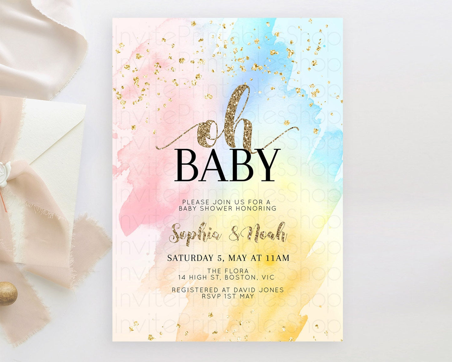 Pastel Baby Shower Invitation Rainbow Baby Shower Invitation Colorful Pastel Watercolor Invitation Gold Glitter Sprinkles Ombre D10556